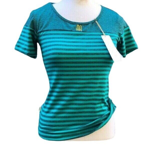 Adriana Arango Top Striped Tee Shirt Athletic Turquoise Size Medium NWT - Picture 4 of 8